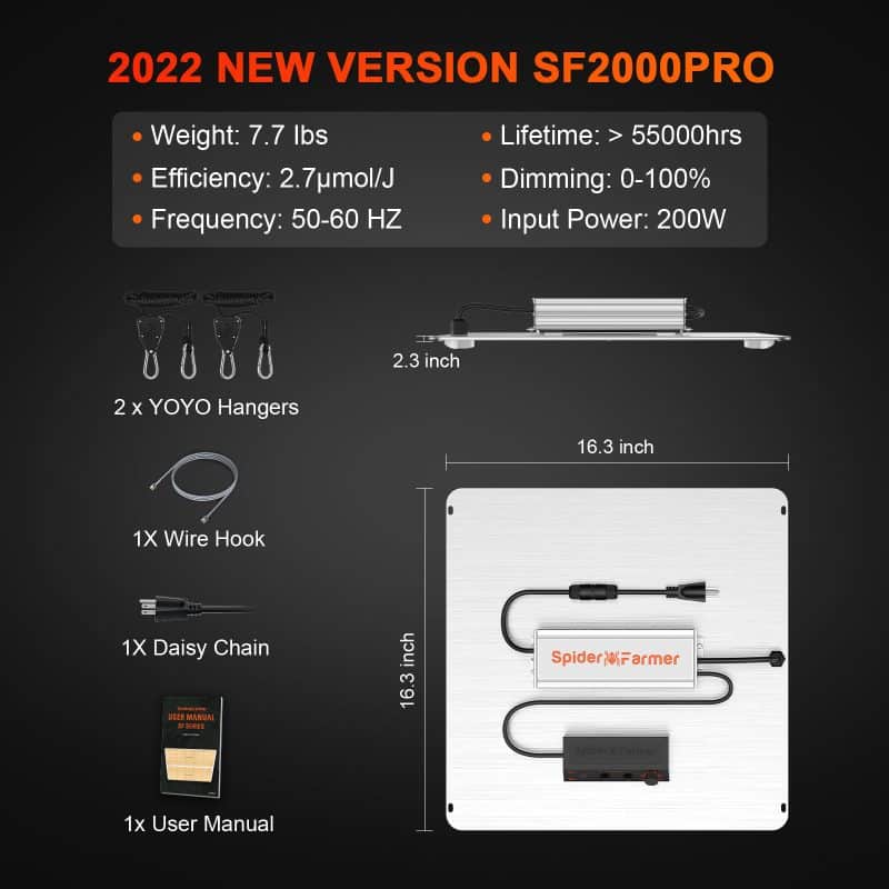 2025 Spider Farmer® SF2000Pro 200W Newest Version Full Spectrum LED Grow Light with Dimmer Knob