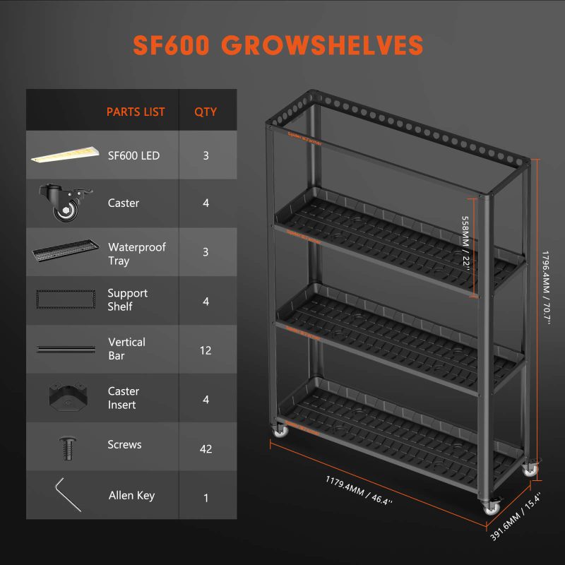Back In Order Spider Farmer® SF600 growshelves Indoor led grow light and Metal Plant Stand with Plant Trays